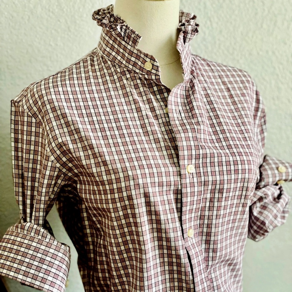 Blue, Red and White Reworked Long Sleeve Button Down  Ruffle Collar Top